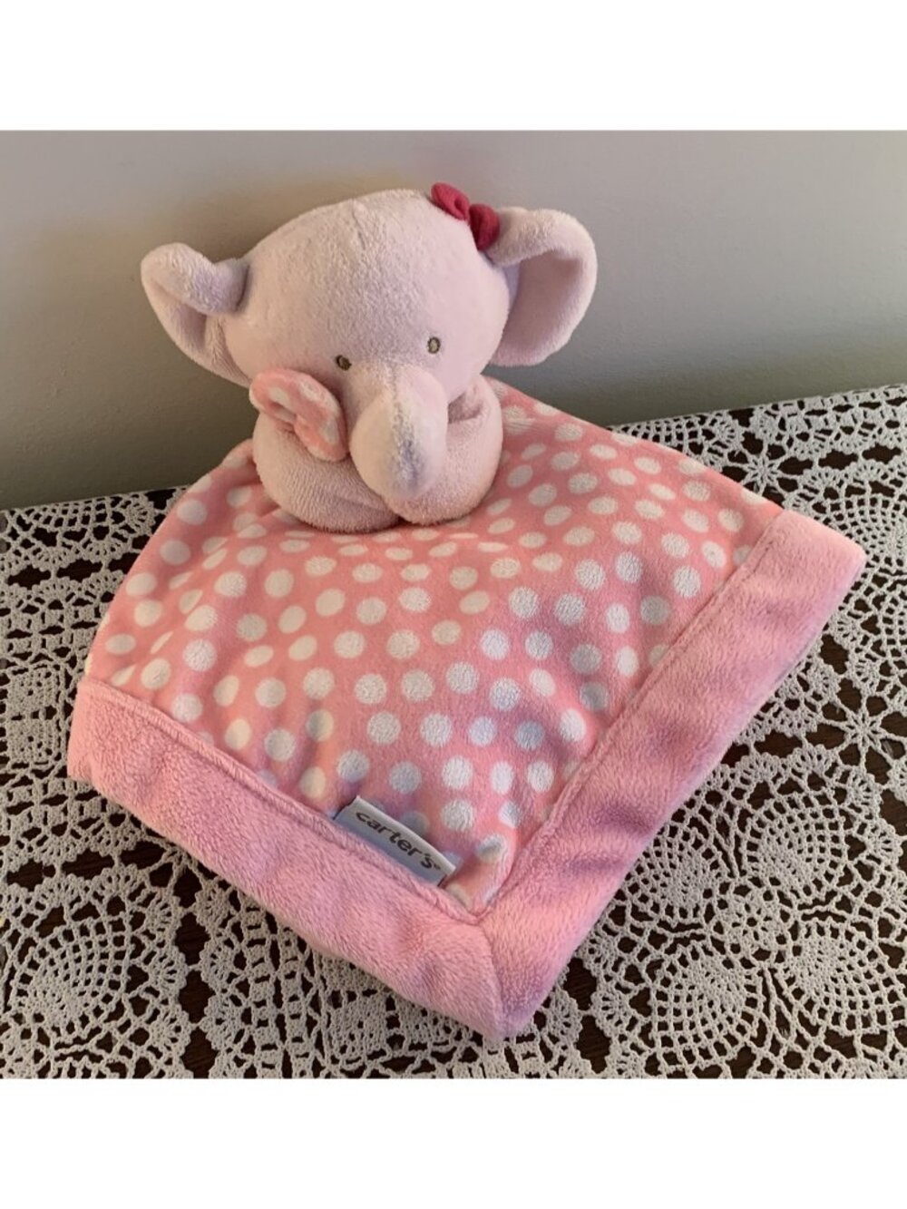 Carters Pink Elephant Lovey Security Blanket Baby Blankie Soothing 13 Inch